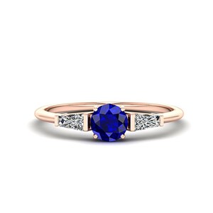 14K Gold Blue Sapphire Engagement Ring for Women, Natural Sapphire Round Solitaire Ring, Unique Baguette Statement Ring, Gift for Bridesmaid