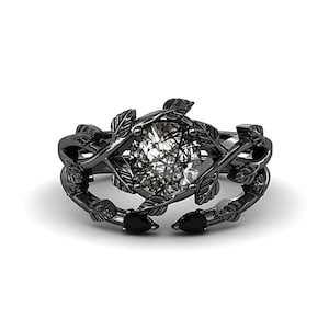 Vintage Black Rutilated Quartz Engagement Ring 925 Silver Solitaire Ring Art Deco Salt Pepper Ring for Women Unique Bridal Wedding Ring Set
