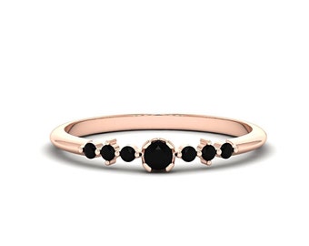 Thin 14K Gold Black Onyx Ring, Dainty Black Stone Ring, Black Diamond Stacking Band Ring, Minimalist Engagement Ring, Everyday Fine Jewelry