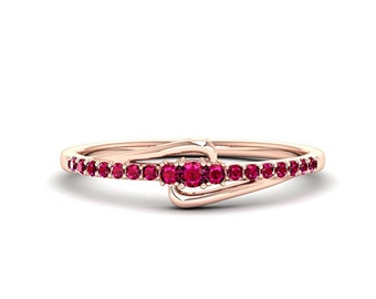 14K Gold Ruby Half Eternity Ring, Dainty Stacking Band