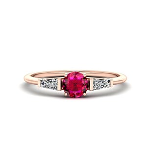 Natural Ruby Engagement Ring, 14K Yellow Gold Ruby Ring for Women, Round and Baguette 3 Stone Stackable Ring, July Birthstone Promise Ring