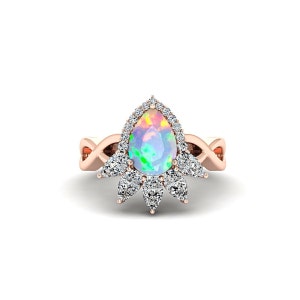 Infinity Band Opal Engagement Ring for Women, Teardrop White Fire Opal Ring in 14K Rose Gold, Unique Twisted Promise Ring for Her in Silver