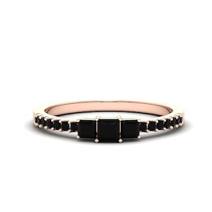 Black Stone Princess Cut Ring, Black Onyx Engagement Ring, Square Cut Wedding Band, Half Eternity Ring, 14K Rose Gold Promise Ring for Women