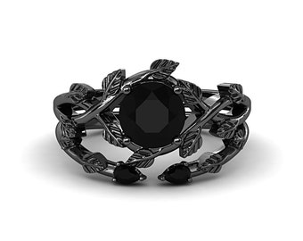 Solitaire Black Onyx Engagement Ring Art Deco Leaf Design Ring Black Gemstone Wedding Ring Set Black Rhodium Sterling Silver Matching Rings