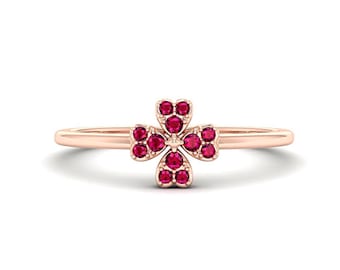 14K Gold Ruby Flower Ring, Vintage Style Engagement Ring