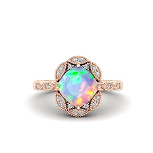 Vintage Opal Engagement Ring, Rose Gold Ring, Art Deco Wedding Ring, Natural White Opal Bridal Ring, Anniversary Promise Ring, Proposal Ring