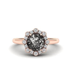 Antique Black Rutile Quartz Engagement Ring Vintage Black Rutilated Quartz Promise Ring for Her 925 Sterling Silver Milgrain Jewellry Women