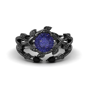 Galaxy Blue Sandstone Wedding Ring Set Sterling Silver Art Deco Vine Leaf Style Blue Sandstone Engagement Ring Set Black Rhodium Ring Women
