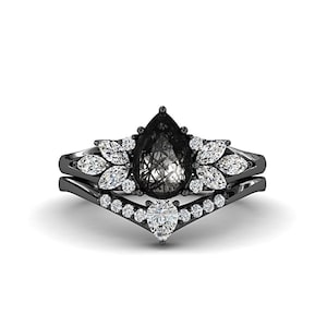 Vintage Rutilated Quartz Pear Shaped Engagement Ring for Women, Art Deco Bridal Ring Set, Black Rhodium over Silver Wedding Anniversary Ring