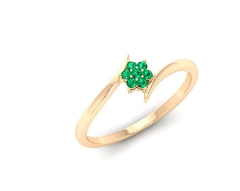 14K Gold Emerald Flower Ring, Minimalist May Birthstone Engagement Ring