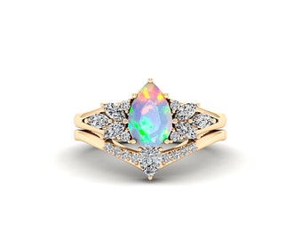 Art Deco Pear Opal Engagement Ring Set, Rose Gold Bridal Ring