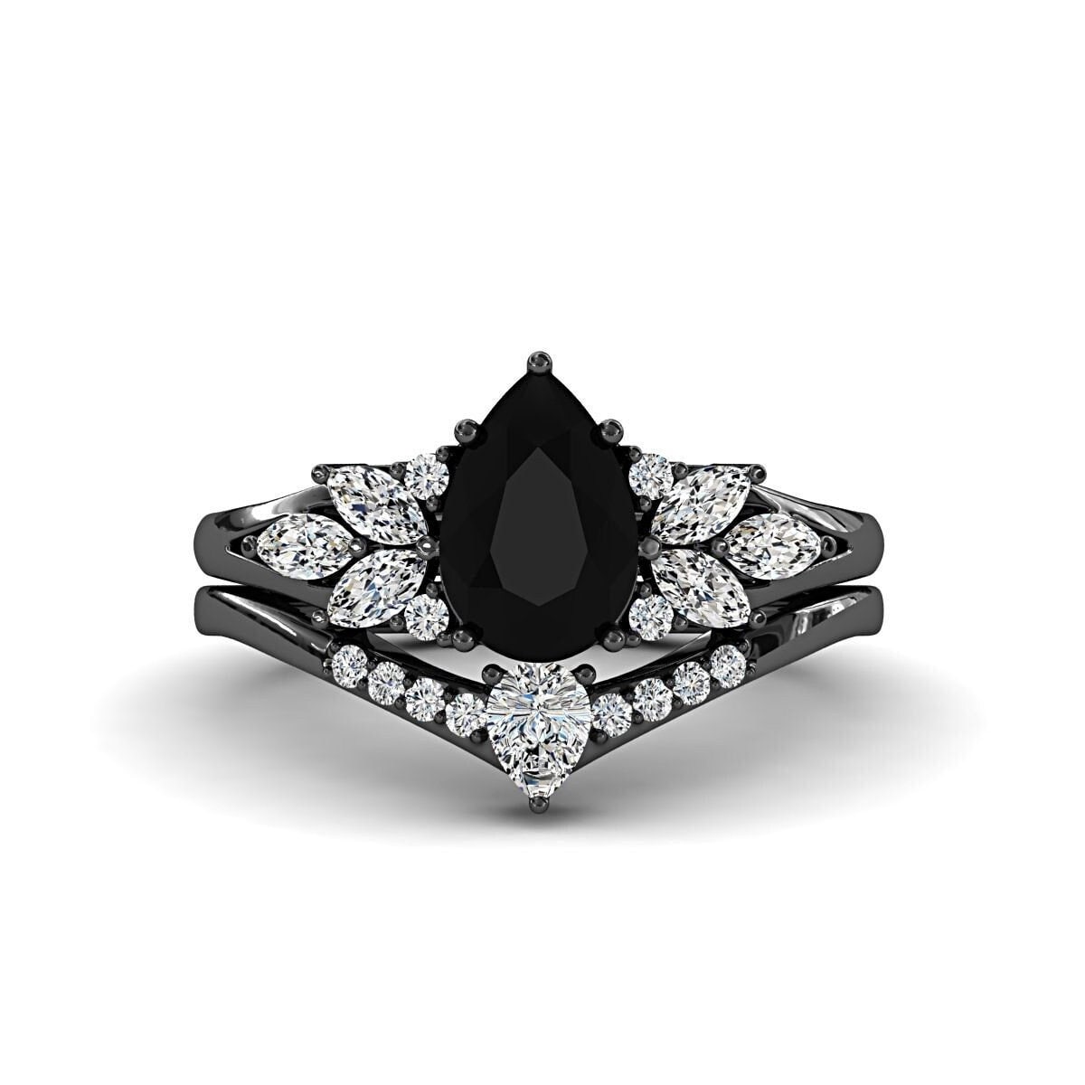 Pear Shaped Onyx Bridal Ring Set Black Plated 925 Silver Marquise Engagement Ring for Women Unique Black Stone Vintage Curved Wedding Band
