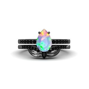 Pear Shaped White Opal Engagement Stacking Ring Set, Black Gold Vintage Bridal Ring with Wedding Band, Art Deco Anniversary Gift for Women