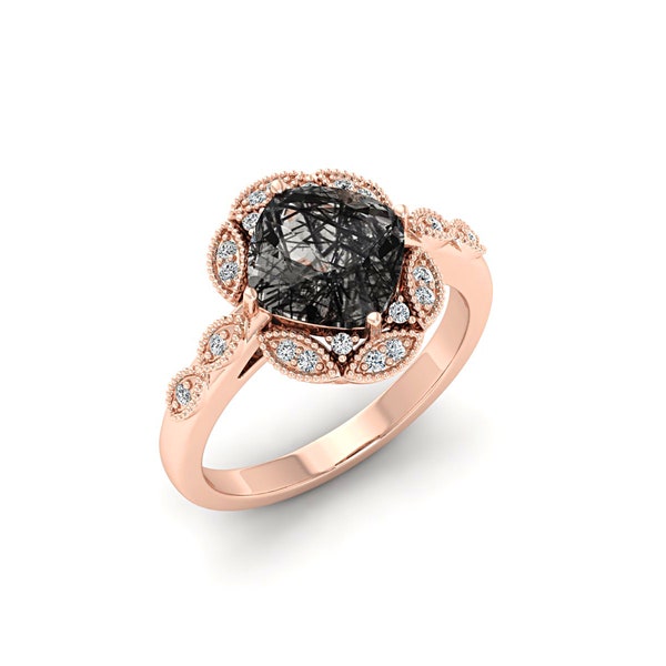 Black Rutilated Quartz Engagement Ring, Cushion Cut, Vintage Moissanite Halo, Milgrain Promise Ring, Rose Gold or Silver, Anniversary Gift