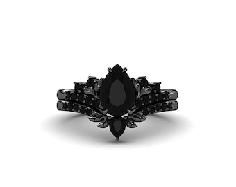 Black Onyx Engagement Ring Set Women, Leaf Shaped Nature Inspired Gothic Black Stone Ring, Pear Shaped Black Black Plated Wedding Bridal Set