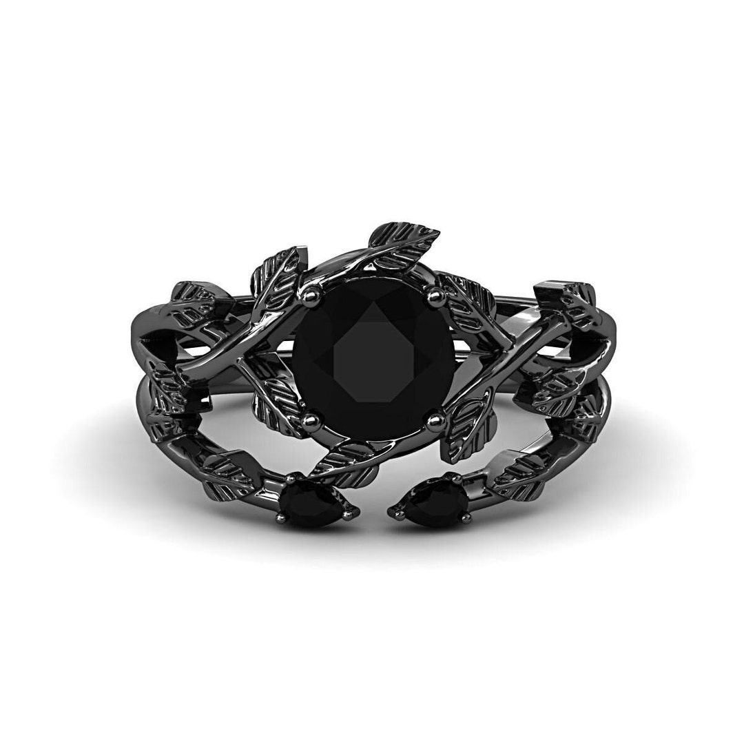 Solitaire Black Onyx Engagement Ring Art Deco Leaf Design Ring Black