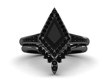 Kite Shaped Black Onyx Bridal Ring Set Black Plated Sterling Silver Halo Engagement Ring for Women Unique Black Stone Vintage Promise Ring
