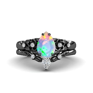 Pear Shaped White Fire Opal Engagement Ring Vintage Black Gold Nature Inspired Bridal Wedding Set Leaf Flower Branch Promise Anniversary Set