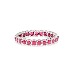 Lab Ruby Eternity Ring, Bezel Set White Gold Band, Minimal Wedding Jewelry