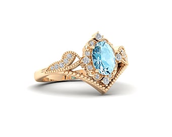Yellow Gold Aquamarine Ring, Vintage Oval Halo Engagement Ring, March Birthstone Blue Jewelry