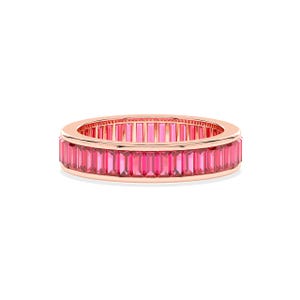 Anillo de eternidad de rubíes talla baguette en oro rosa – Engaste de canal