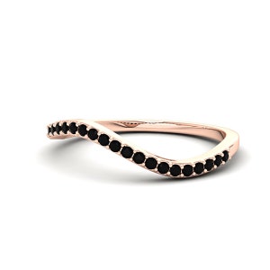 9K Rose Gold Black Onyx Curved Wedding Band for Women, Dainty Stacking Ring, Minimalist Half Eternity Ring, Thin Black Stone Engagement Ring