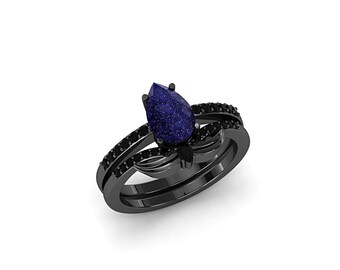 Pear Galaxy Blue Sandstone Ring Set, Black Plated Sterling Silver