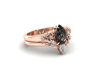 Pear Black Rutilated Quartz Engagement Ring Set, Rose Gold Leaf Wedding Band