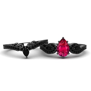 Black Rhodium Lab Ruby Pear Bridal Set | 2 Piece Gothic Red Engagement Ring