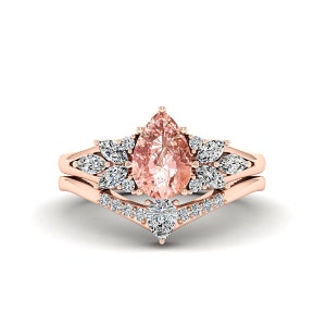 1.6ct Natural Morganite Engagement Ring in 9K Rose Gold Pear Shaped Morganite Bridal Set Marquise Cut Gemstone Vintage Women Wedding Jewelry