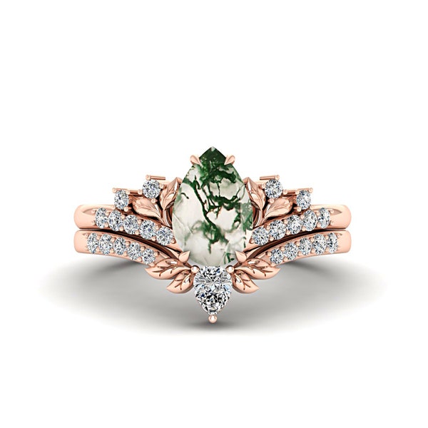 Pear Shaped Green Moss Agate Engagement Ring Set Women Vintage Rose Gold Leaf Branch Wedding Anniversary Ring Art Deco Nature Inspired Ring