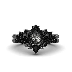 Black Gold Rutilated Quartz Engagement Ring Set Women, Leaf Shaped Nature Inspired Gothic Black Stone Ring, Pear Shaped Wedding Bridal Ring
