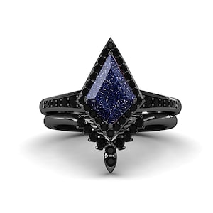 Unique Kite Cut Blue Sandstone Engagement Ring Set 14K Rose Gold Black Diamond Ring with Marquise Shape Wedding Band Bridal Ring Set Women