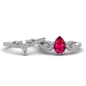 White Gold Lab Ruby Pear Engagement Ring Set | 2 Piece Classic Bridal Wedding Band