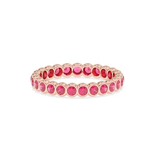 Rose Gold Lab Ruby Eternity Band, 2mm Bezel Set Wedding Ring