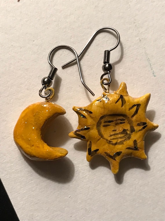 Handmade polymer clay sun and moon earrings | Etsy