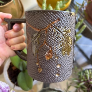 Forest Owl Ceramic Mug with Oak Leaves & Acorns – Handmade Pottery Coffee Cup