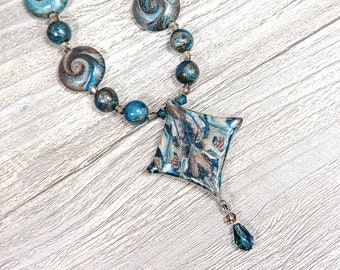 Boho Necklace set, swirled shades of teal, taupe, silver gray, polymer clay, swarovski crystals, handmade jewelry, unique gift