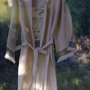 2 Layers Muslin Kimono Robe,100% Cotton Turkish Caftan,Dressing Gown,Woodblock Handprinted Robe & Towel, Ancient Greek Border, Valentinegift
