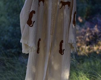 Brun leopardmuslinkimonomorgonrock, turkisk kaftan i 100 % bomull, handtryckt morgonrock och handduk i träblock, handtryckt morgonrock