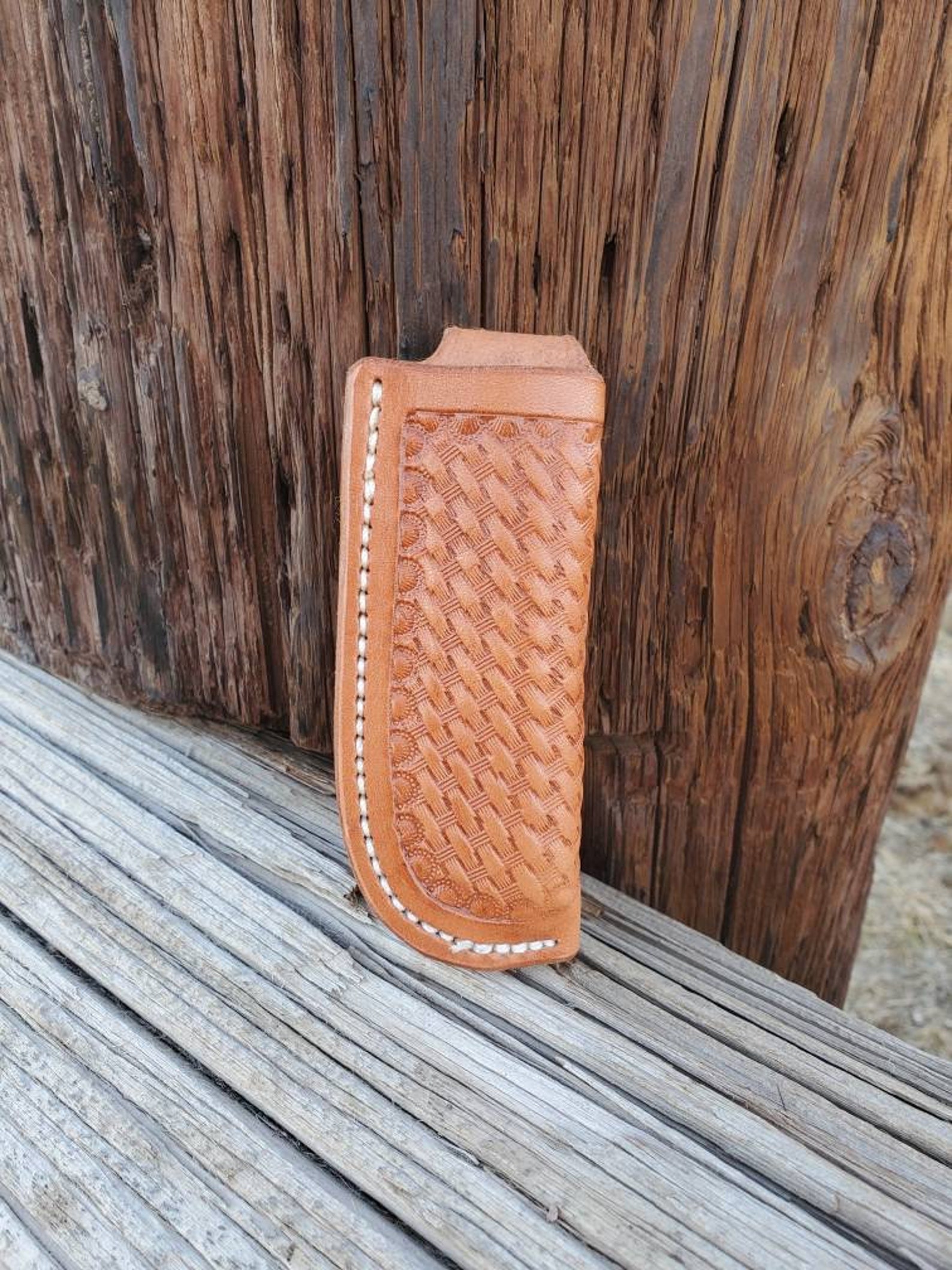 Tooled leather knife sheath. Basket weave tooling. Etsy
