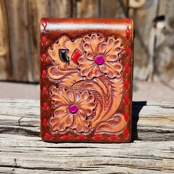 Leather wallet, Hand tooled Leather, with floral and playing card pattern. Buck stitched with red kangaroo lace.