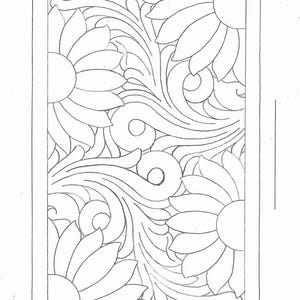 Peut inclure: Un motif floral noir et blanc détaillé, avec de grandes fleurs en forme de marguerites et des feuilles enroulées, remplit un cadre rectangulaire. Le dessin au trait complexe suggère une utilisation potentielle pour la coloration ou l'artisanat.