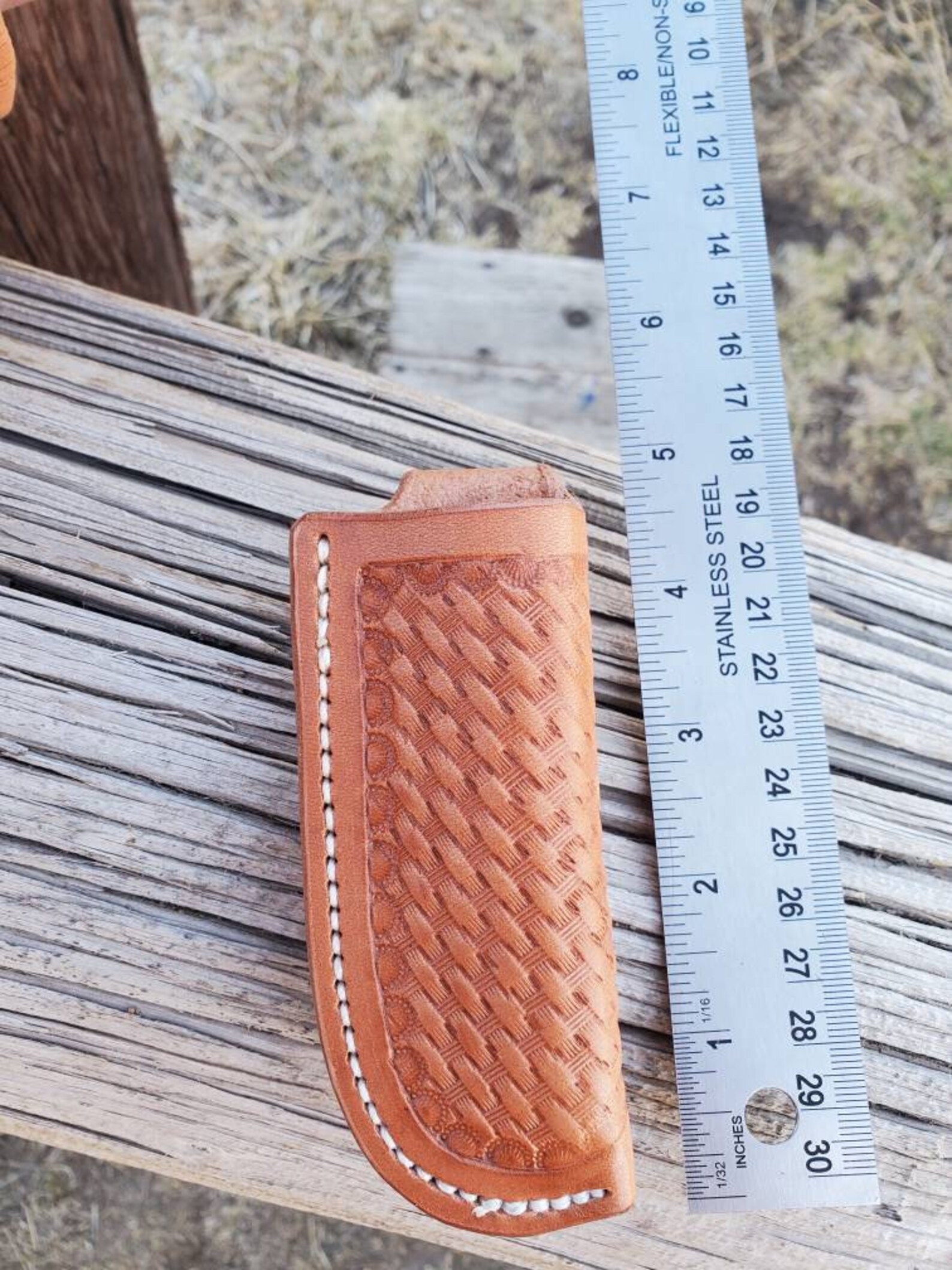Tooled leather knife sheath. Basket weave tooling. Etsy