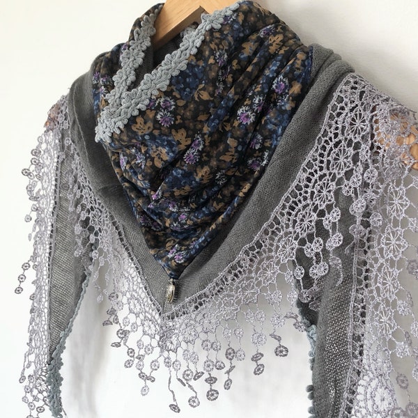 KNITTED Triangle Flower Scarf with Heart Pendant and Tassels - Two Layered Knitted Scarf with Fringe- Grey