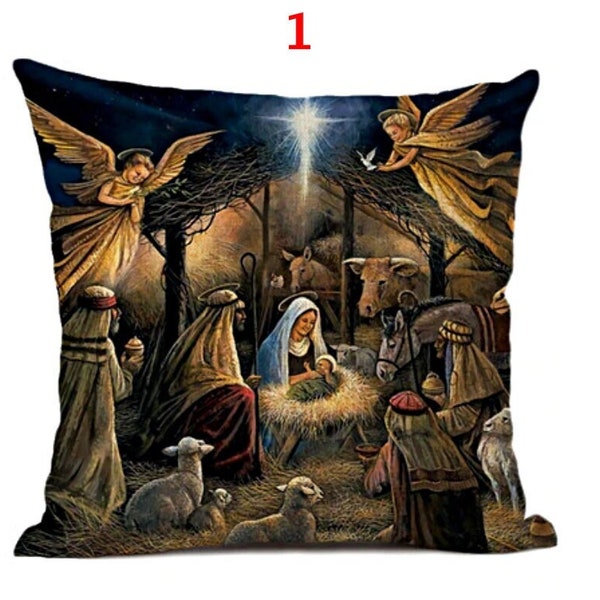 Nativity scene pillow covers / Christmas decorative pillows / Joseph, Virgin Mary, Baby Jesus Cushion Cover / 18x18 Christmas throw pillows