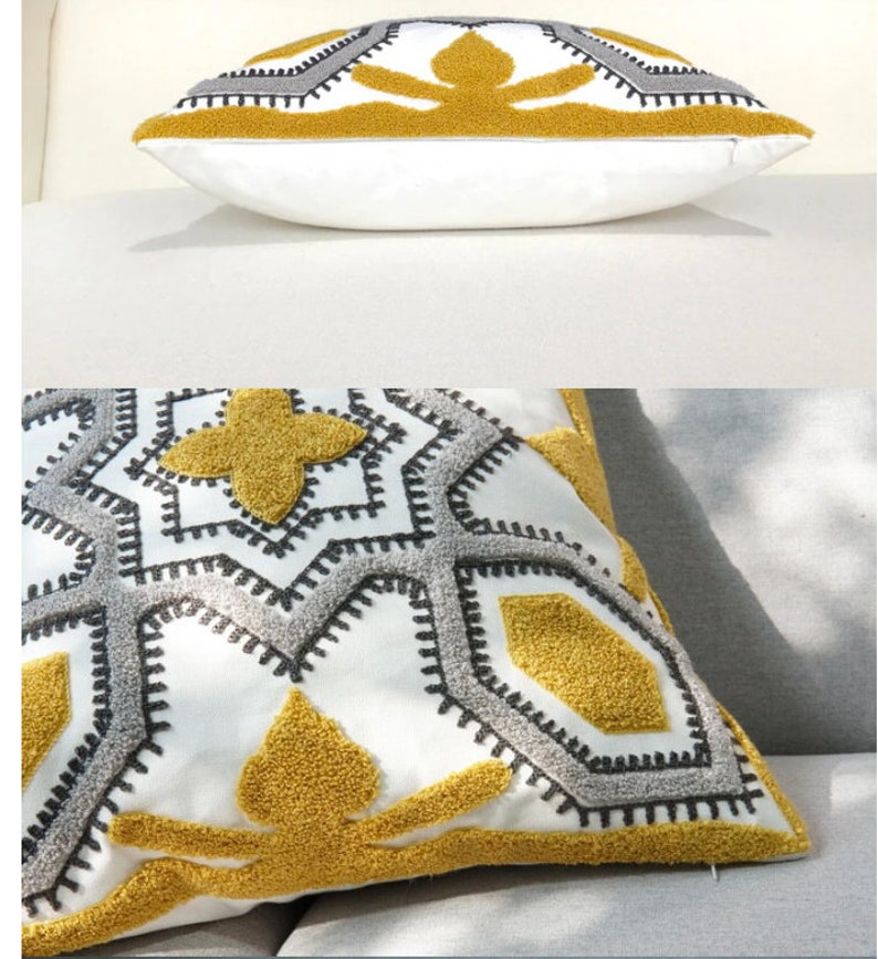 Yellow Grey Geometric Embroidery Pillow Covers / Boho Pillow Etsy