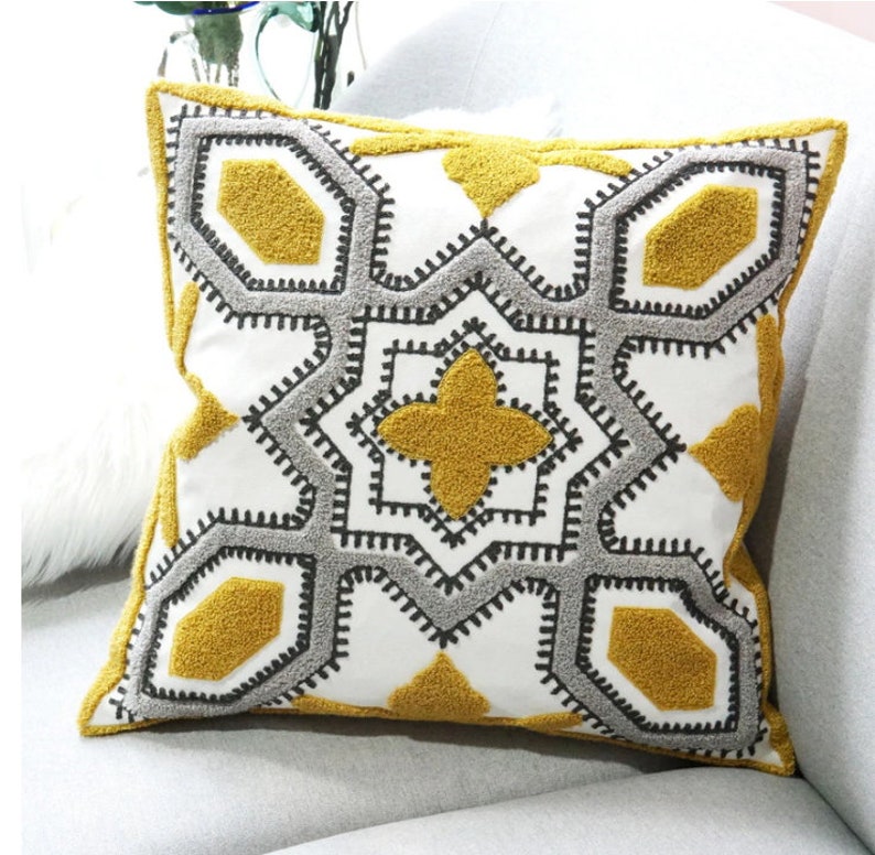 Yellow Grey Geometric Embroidery Pillow Covers / Boho Pillow Etsy