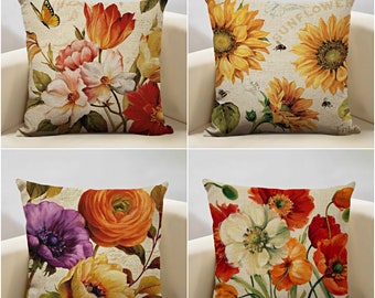 Floral watercolor flower design linen/ Sunflower Rose Peony throw pillow covers / Floral Spring Summer home decor Pillowcases / Autumn Fall