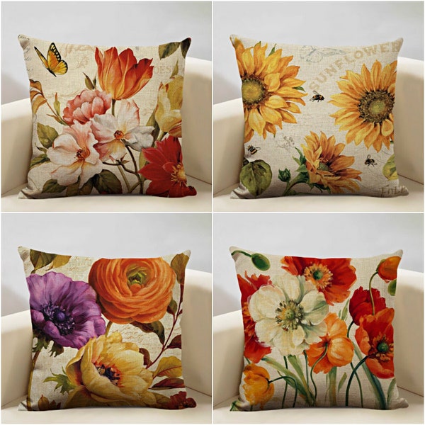 Floral watercolor flower design linen/ Sunflower Rose Peony throw pillow covers / Floral Spring Summer home decor Pillowcases / Autumn Fall